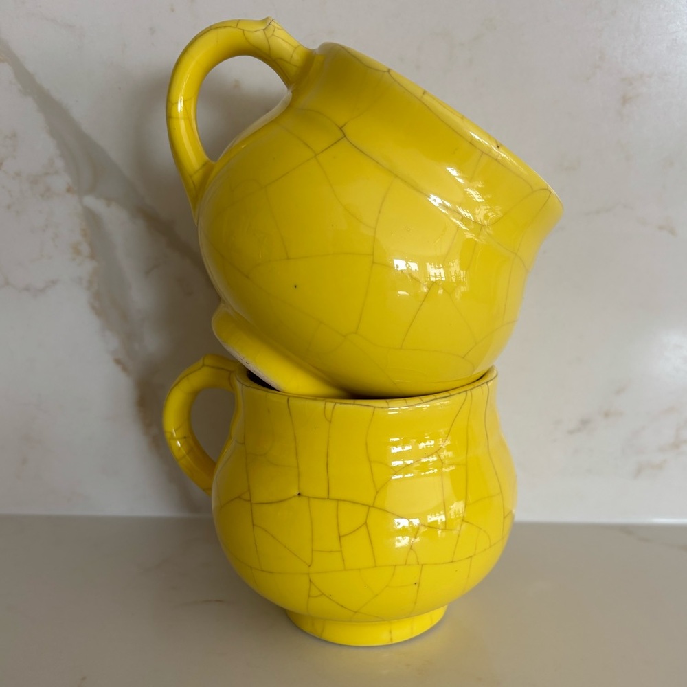 Vintage Bright Yellow Ceramic Mugs in Crackle Glaze possibly Silberdistel MCM